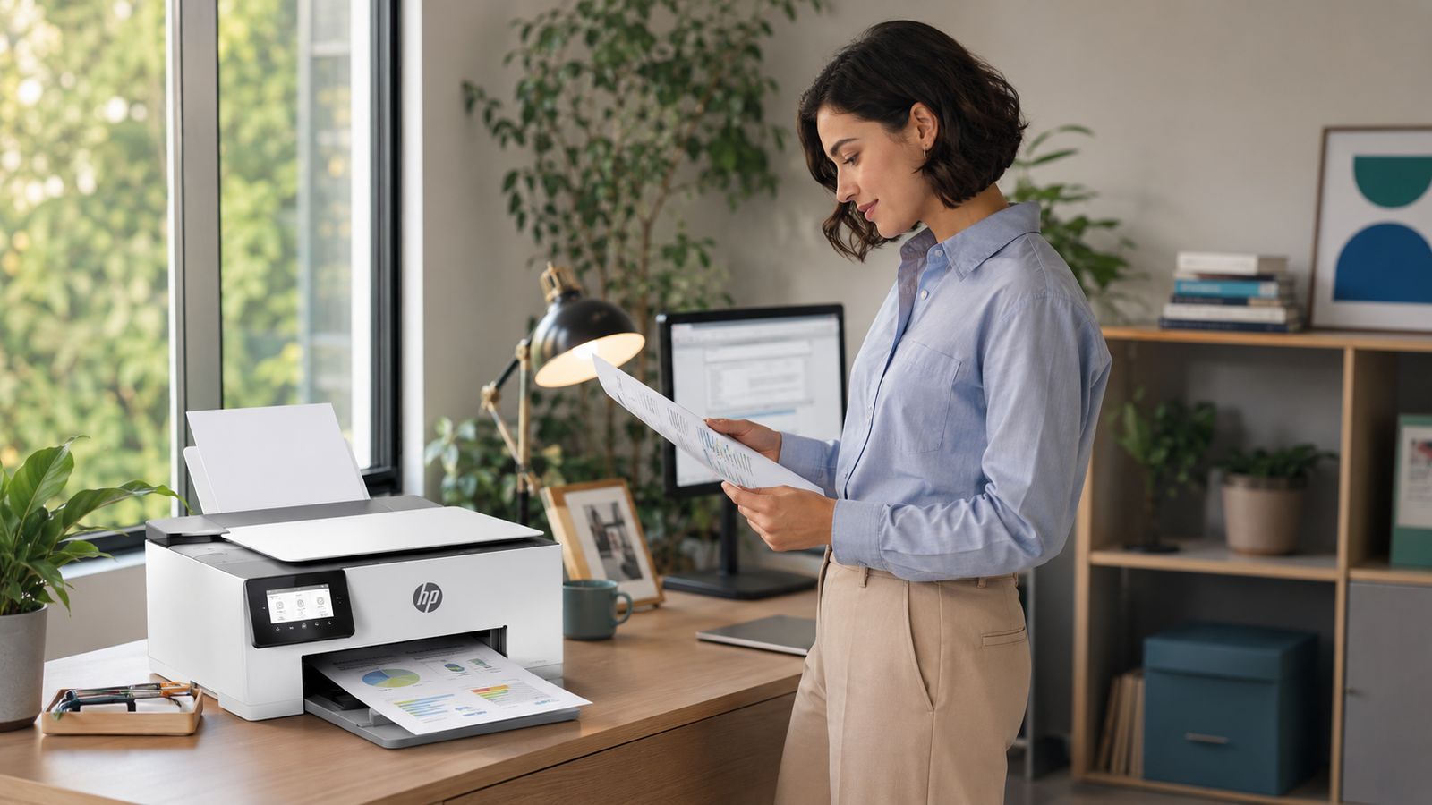 Person working beside a home office printer