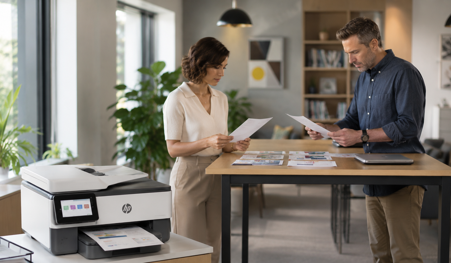 Office workers reviewing documents beside a printer
